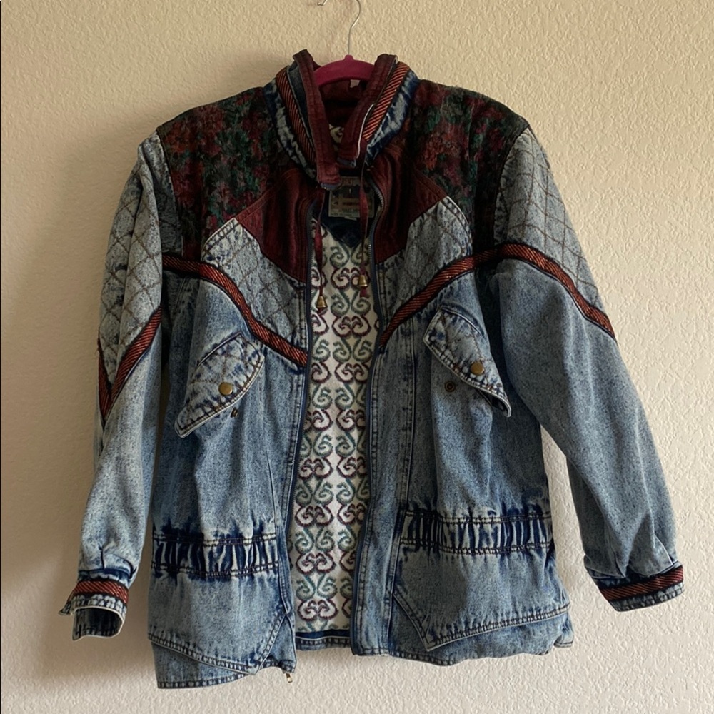 Blue And Red Jean Jacket With Patchwork Design - image 1